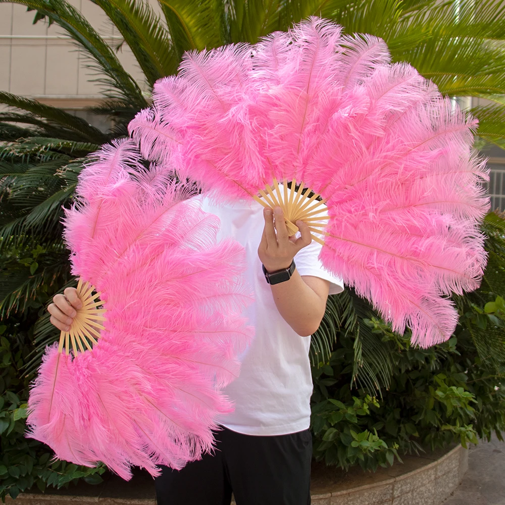 

70x40cm Pink Ostrich Feather Fan Burlesque Dance, 15 Stick Luxury Wedding Performance Fan, Handmade Photo Prop, Cabaret Show