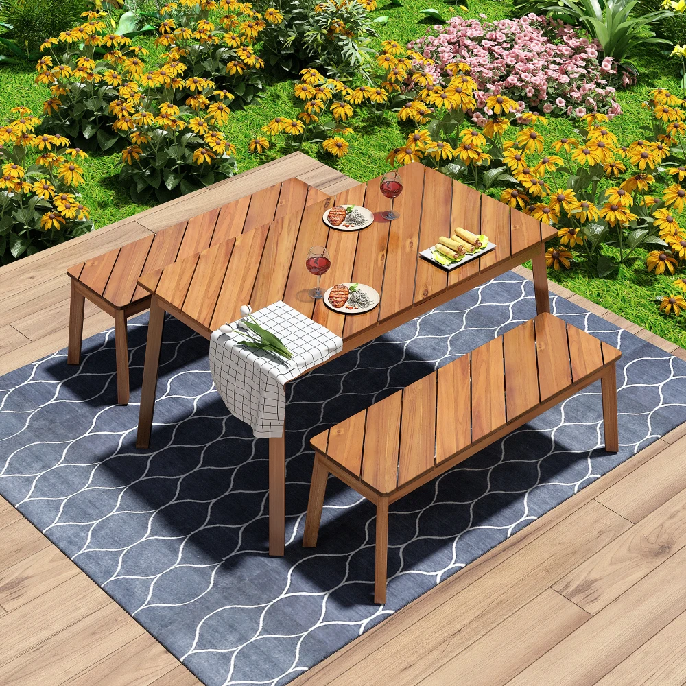 

3 Pieces Acacia Wood Table Bench Dining Set For Outdoor & Indoor Furniture With 2 Benches, Picnic Beer Table for Patio, Garden