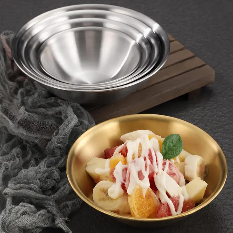 Korean 304 Stainless Steel Salad Noodle Bowl Dessert Bowl Commercial Gold Metal Silver Hot Pot Restaurant Sidedish Sauce Bowl