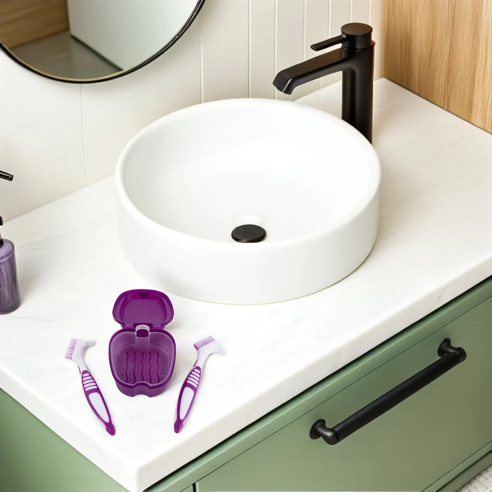 1 مجموعة طقم العناية بالأسنان الأرجواني مزدوج الوجهين تنظيف فرشاة كاذبة الأسنان صندوق تخزين السفر طقم أسنان الأقواس المنظم نقع