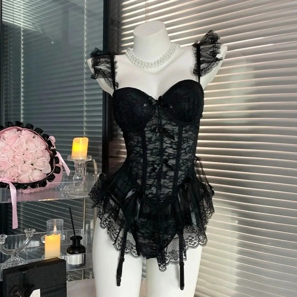 

Sweet Bowknot Lace Lingerie Women Mesh Flounce Lace Sling Nightdress Nightwear Transparent See Through Night Dress Home