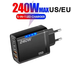 USB C GaN Charger 240W 5 in 1 Fast Charging Phone Charger Power Adapter For iPhone Samsung Xiaomi Type C EU/US Plug Wall Charger