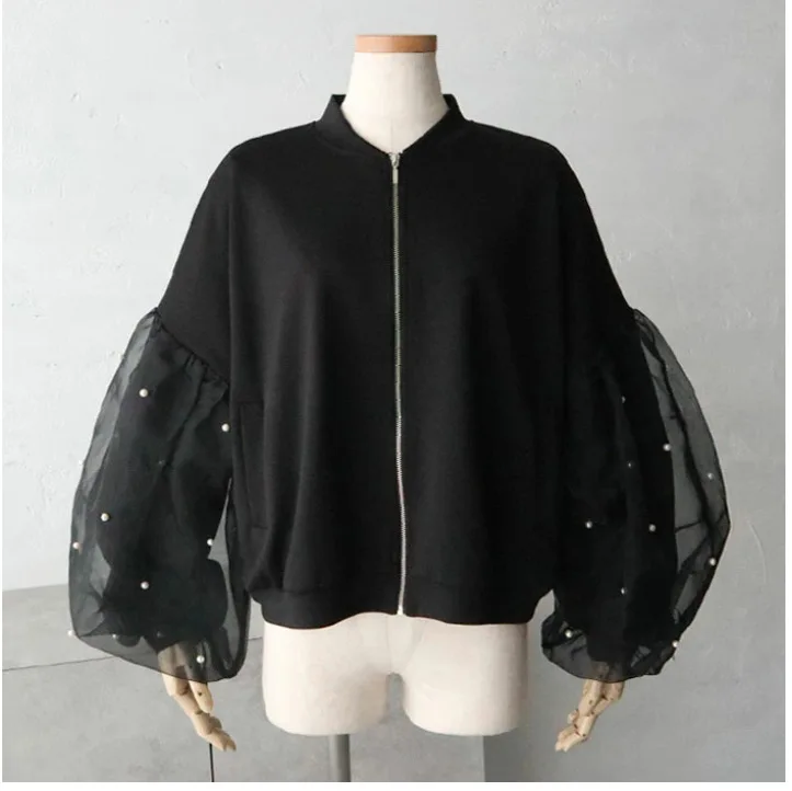 KUSAHIKI New Nail Bead Mesh Splicing Long Sleeve Women\'s Baseball Jacket Pearl Fashion Causal Zipper Round Neck Coat