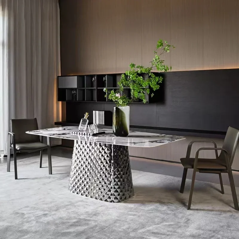 Italian luxury stone dining table set rectangular stainless steel high-end modern simple villa light luxury living room