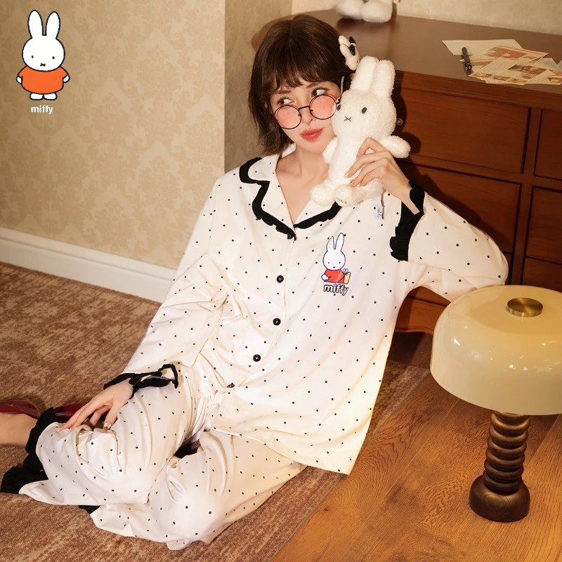 

Miffy Light Soft Pajamas Women Long Sleeve Cotton Lovely Polka Dot Lace Blouse Home Wear Spring Fall