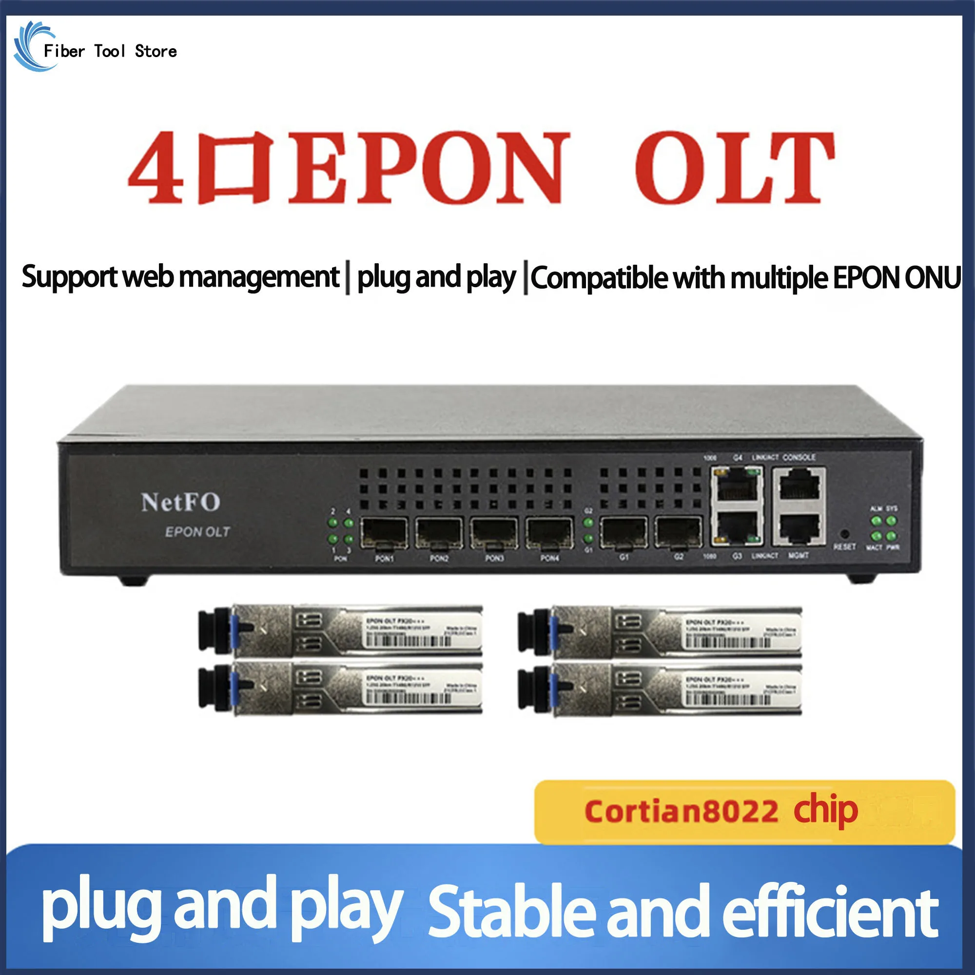 Pequeno EPON OLT Dispositivo de Fibra Óptica, Plug and Play, Registro Automático Estável, 4 Port, NF5804