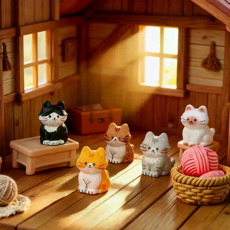 5PCS Cute Cartoon Cat Resin Mini Ornaments Animal Figurines for DIY Micro Landscape  Pot Decor