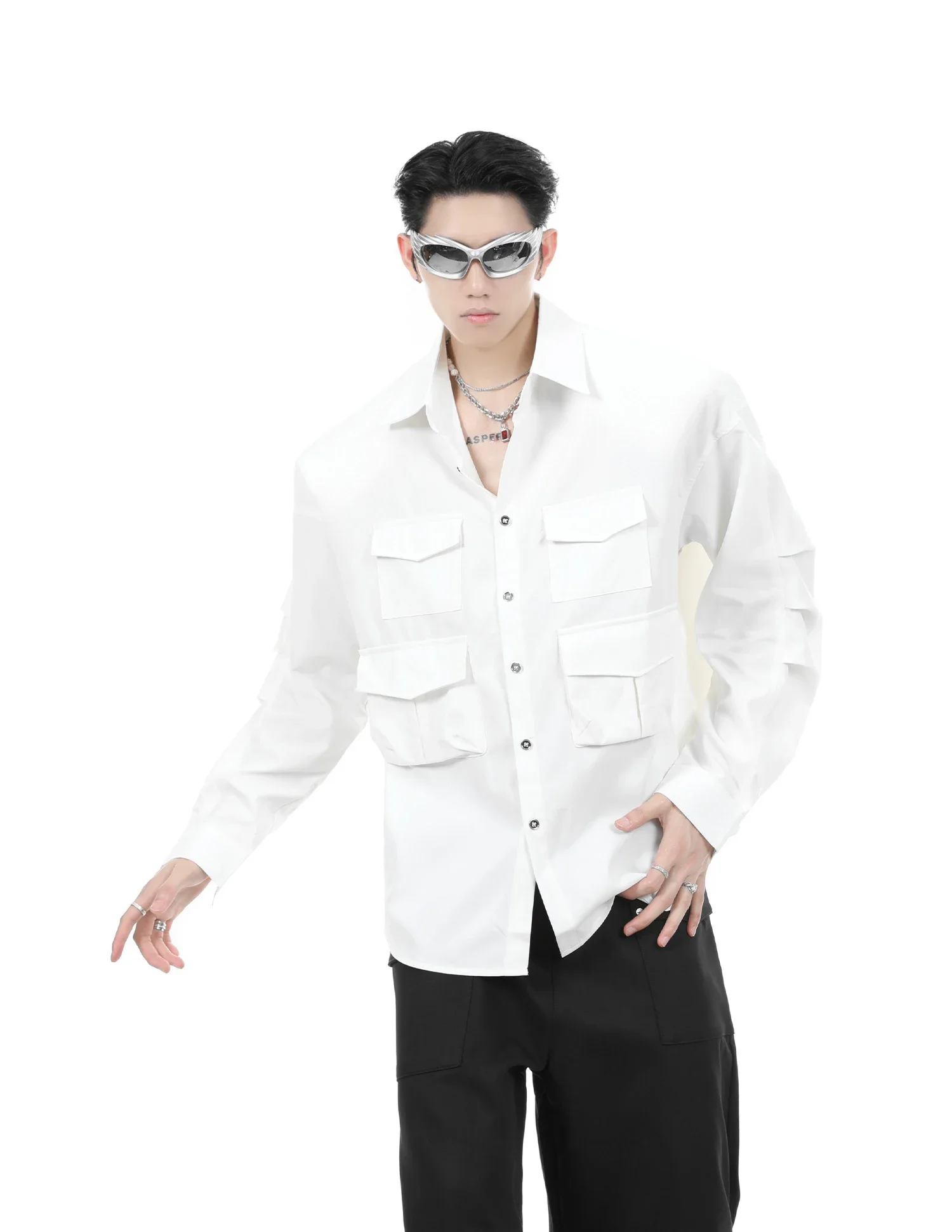 

S-6XL 2024 New Men Women's Clothing Hair Stylist Catwalk Niche Deconstruction Multi Pocket Shoulder Padded Shirt Lovers Costumes