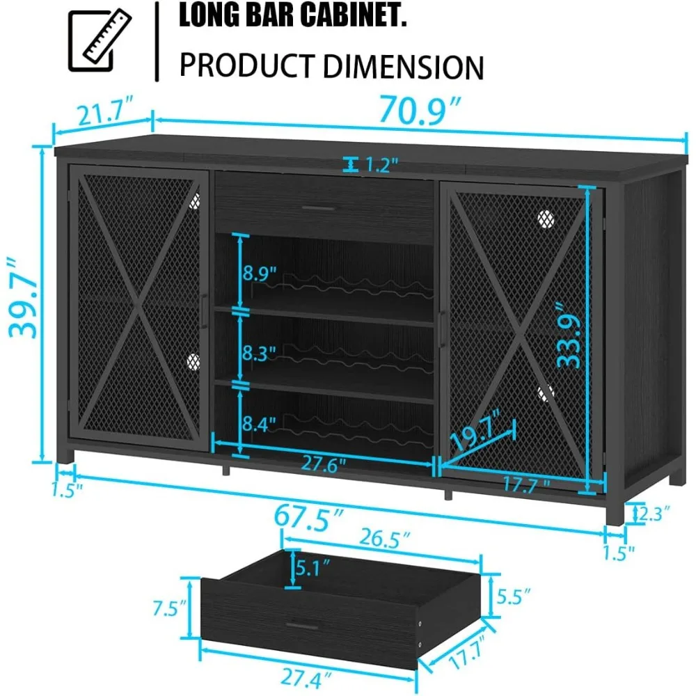 Armário longo da barra de café com espaço do refrigerador, armário grande do buffet do aparador do vinho do metal moderno de madeira para a sala de jantar da cozinha 70 Polegada