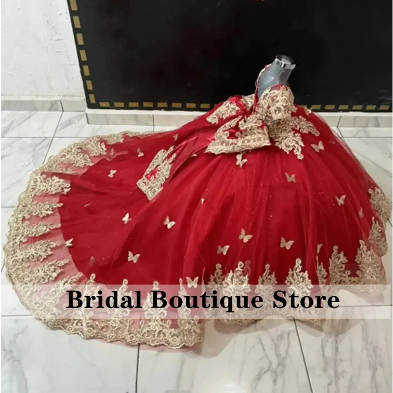 

Red Flower Girl Dresses For Wedding Gold Appliques Butterflies Short Sleeves Classic Kids Birthday Party Ball Gown Customized