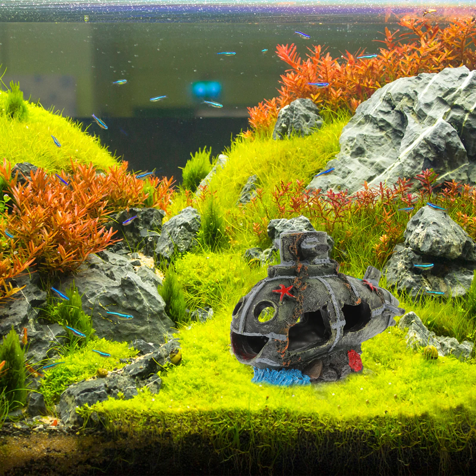 

Resin Fish Tank Ornament Small Wreck Submarine Simulation Safe Aquarium Decoration Fresh Salt Water Fish Habitat Landscape