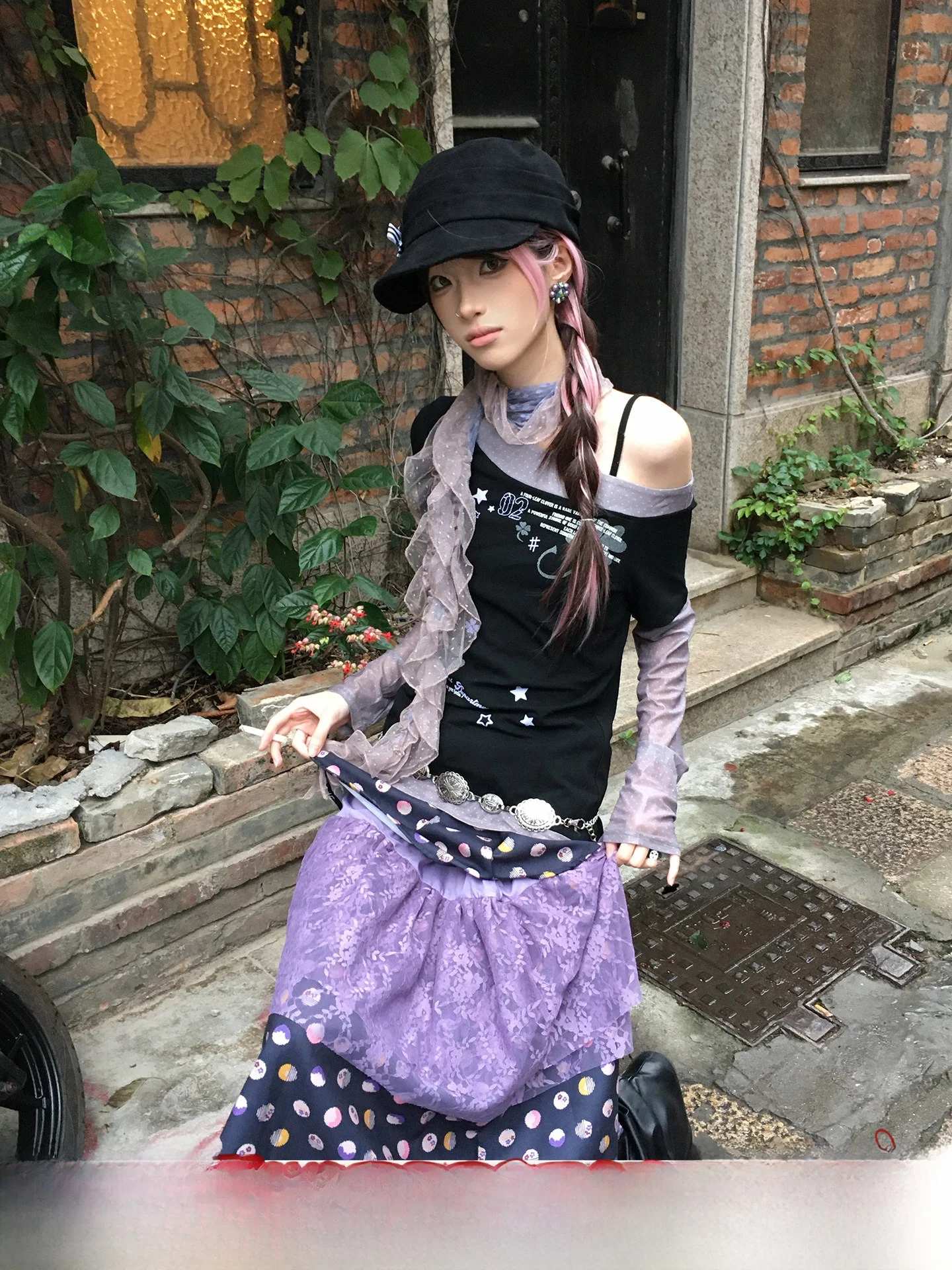 

Women's Vintage Splice Print T-irt One-oulder Inner Wear Base irt Bubble Pine Oil Aby Autumn Winter Cotton Blend K...