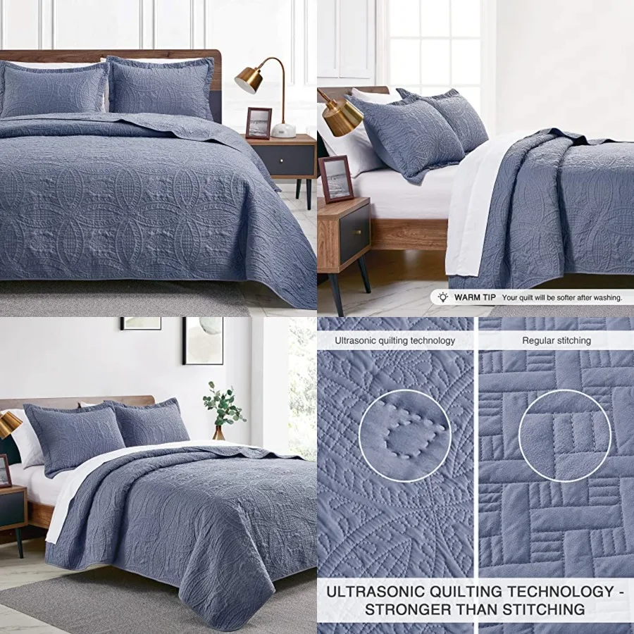 

King Size Quilt Set Blue Bedspreads - Soft Bed Summer weight Bedspread Comforter - Modern Style Coverlet for All Season - 3 Pie