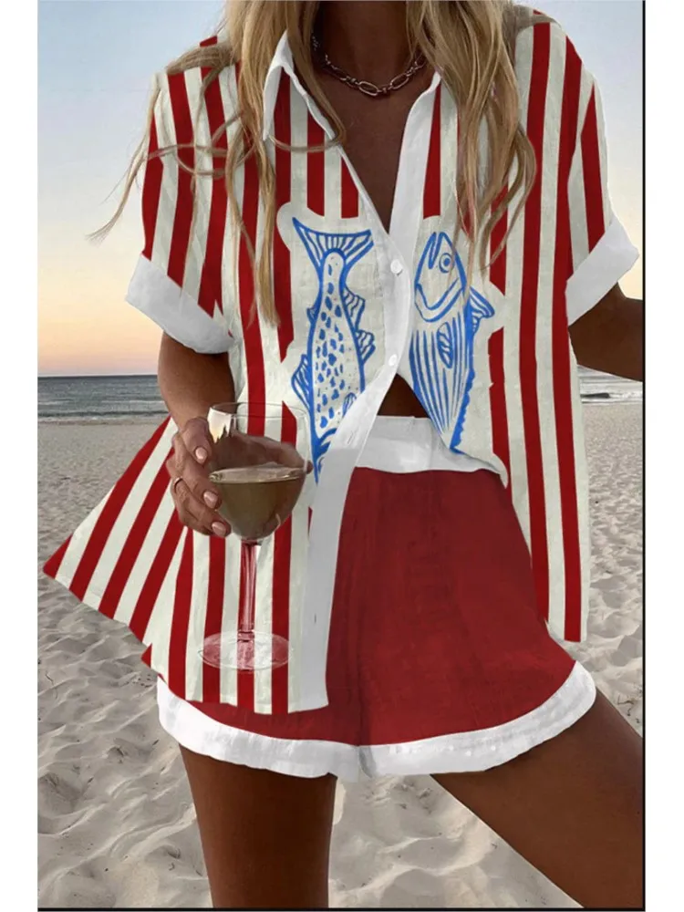 

New Summer Casual Printed Blouse Shorts Two Pieces Sets Lapel Short Sleeve Button Shirt Suit Female Women Beach Holiday Outfits