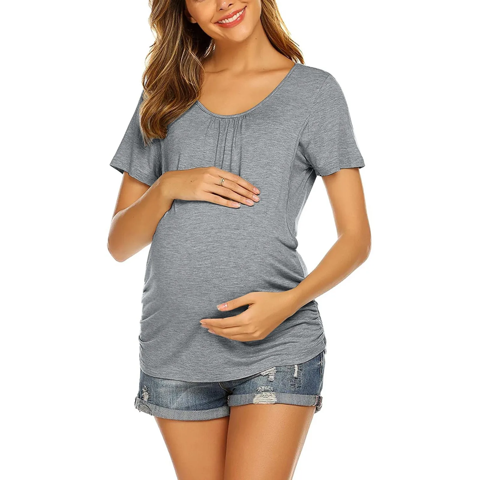 Frauen Schwangere Mutterschaft Kleidung Stillen Tops Stillen T-shirt Schwangerschaft Mutterschaft Tops T-shirts Soild Farbe Sommer Hemd – Detail 6