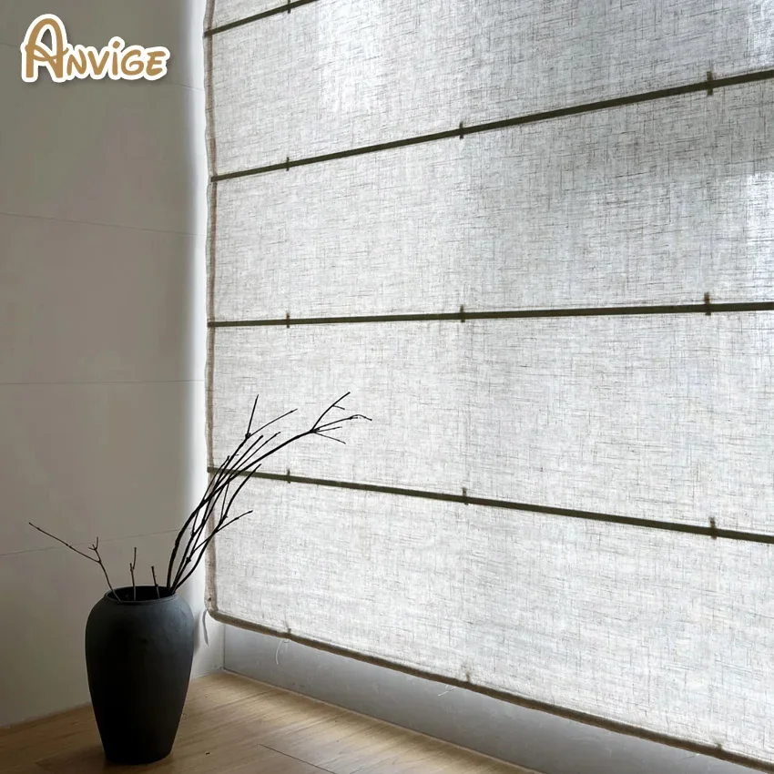New Arrival Motorized Linen Fabric Flat Sheer Roman Shades Customized Roman Blinds With Installation Included
