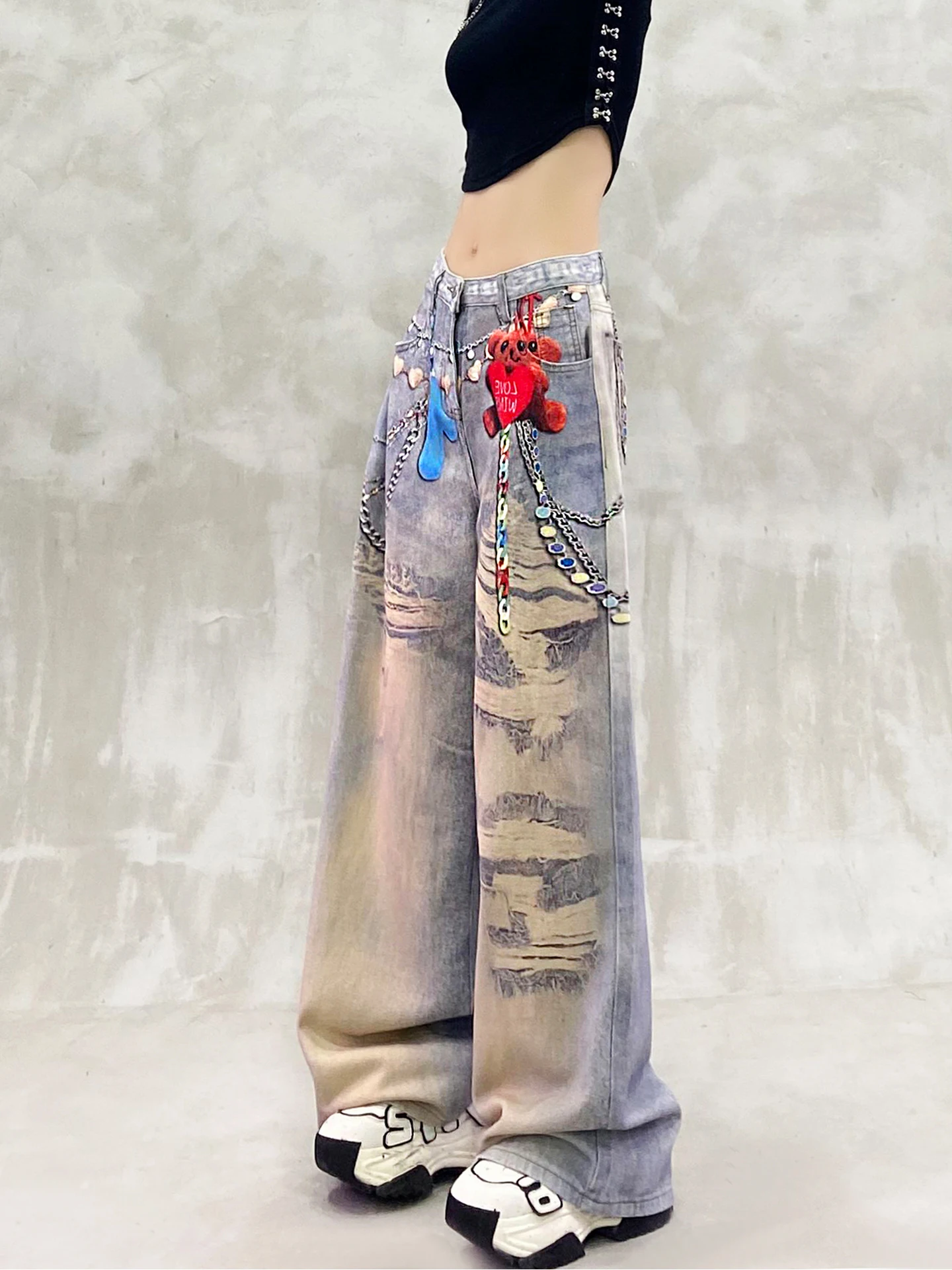 2025 Summer New Women's Stylish Printed Design Casual Jeans High Waist Loose Slimming Versatile Straight Wide-Leg Pants