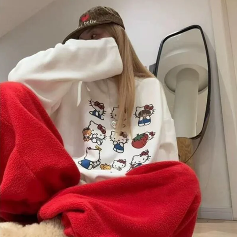 

Пуловер Sanrio Hello Kitty с длинными рукавами, футболка, топ, базовый слой, женские осенне-зимние утепленные свободные топы, милые молодежные топы для похудения