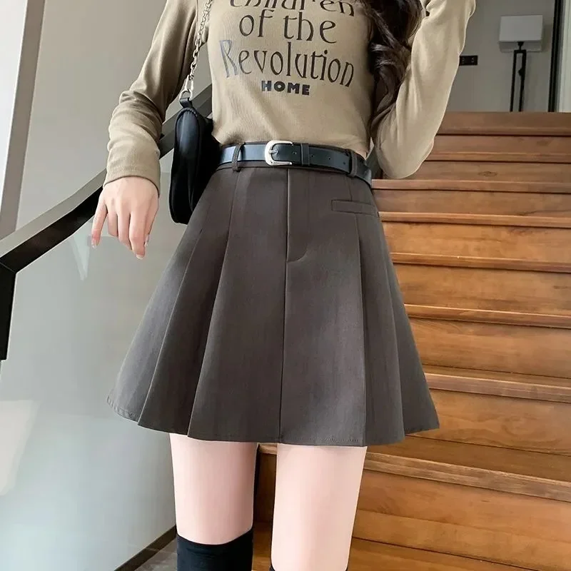Nice Gray Women's Skirts Shorts With Belt  Fall High Waist Elegant Fashion Office Work Short Pants New