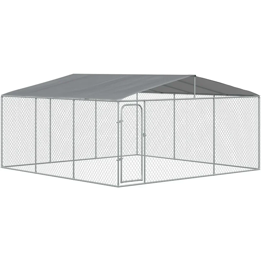 Kennels, Outdoor Fence Dog Run with Galvanized Chain Link, UV Resistant Roof, Lockable Door for Large-Sized Dogs, Silver