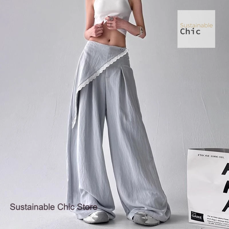 Summer new solid color high waist slim straight pants female American fashion design relaxed Joker casual wide-leg pants.