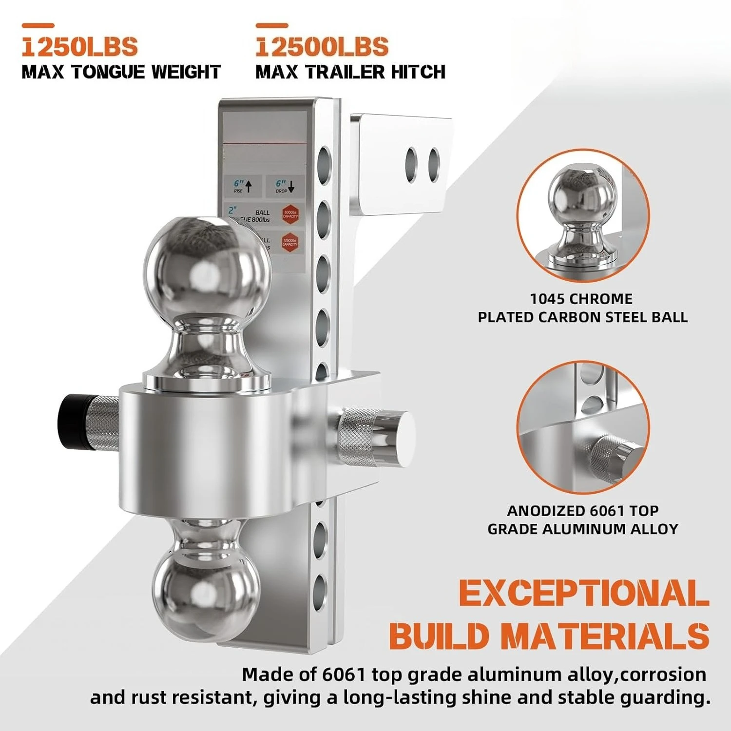 ZZH 調整可能トレーラーヒッチ（2.5インチレシーバー）8インチドロップ＆ライズ（12,500ポンド総積載重量）ヘビーデューティーアルミニウム牽引ヒッチデュアルボール（2インチ＆2-