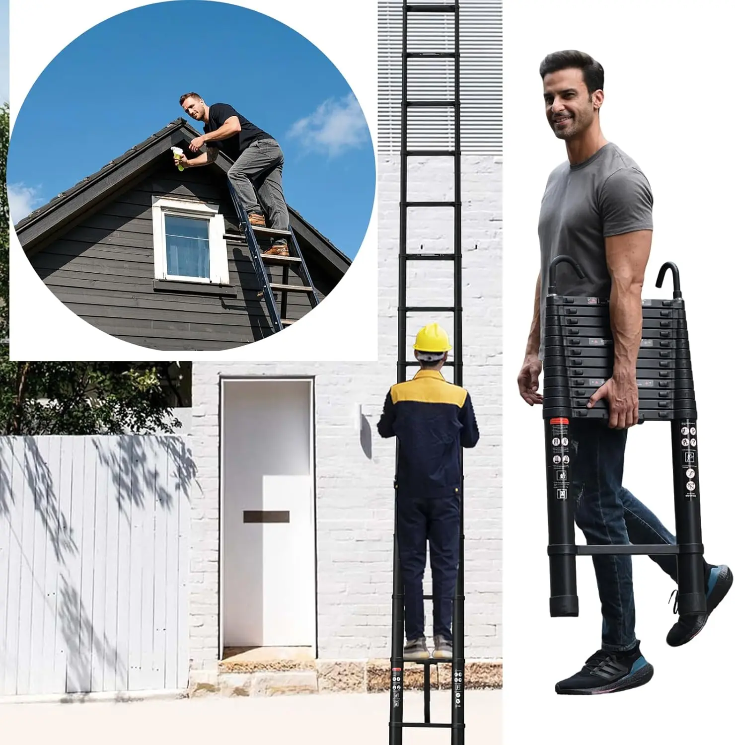 Escalera telescópica extensible de 5 m / 16,5 pies con ganchos desmontables, escalera plegable de aluminio extensible para el hogar, interior, exterior y bricolaje.