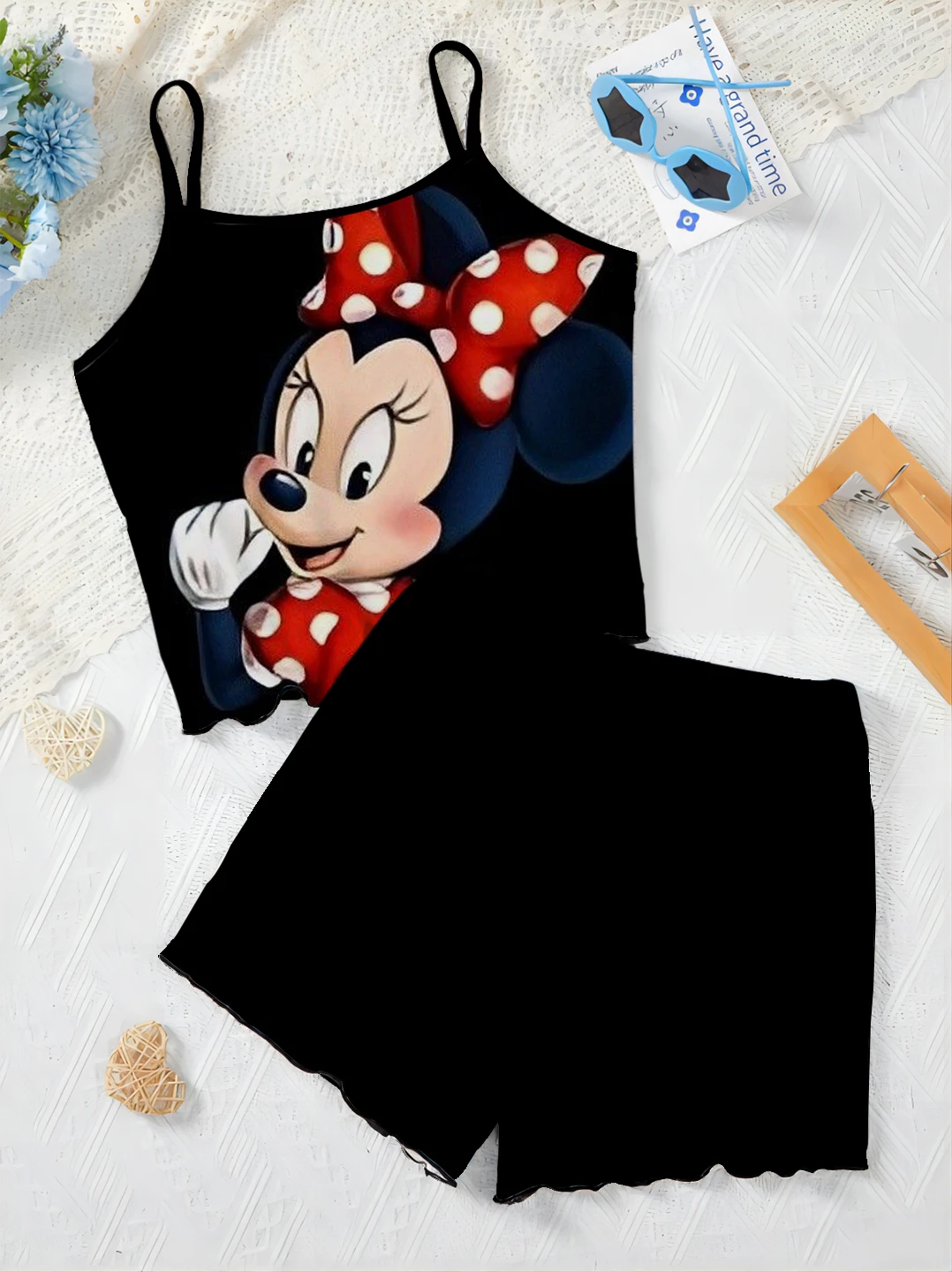 Disney Home Dress Mickey Minnie Mouse Short Sets for Women 2 Pieces T-shirt Top Women's Suit Lettuce Trim Elegant Disney Mickey