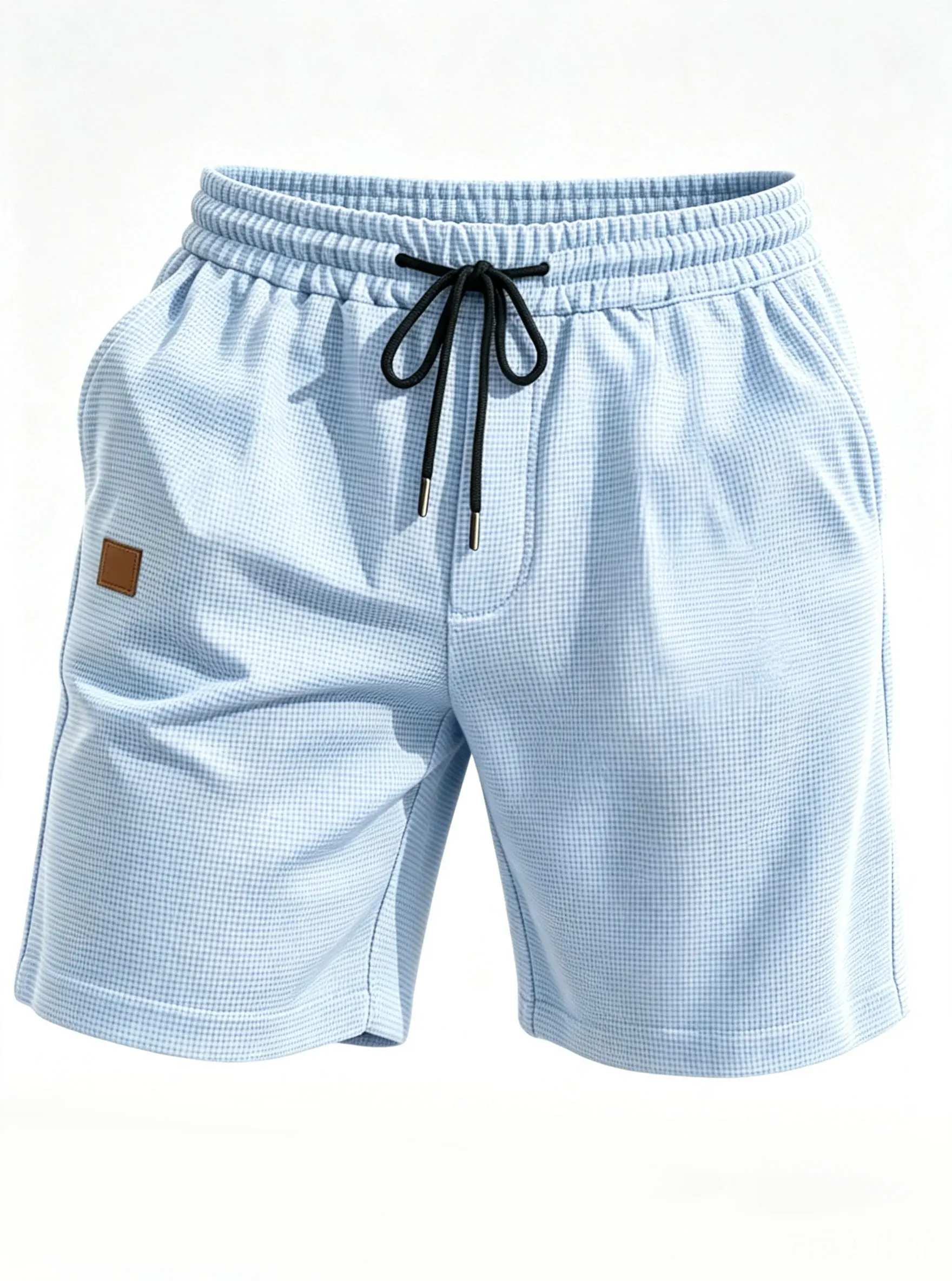 Men Waffle Texture Casual Shorts Mini Leather Patch Drawstring Elastic Waist Summer Breathable Sports Short Pants