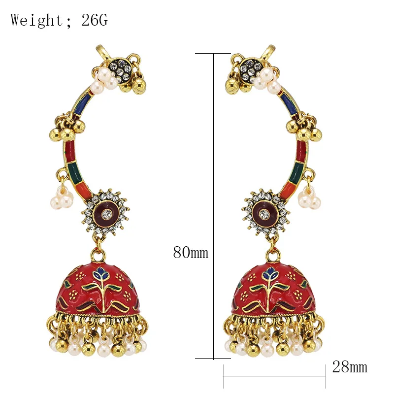 Vintage Ethnic Red Enamel Flower Jhumka Earrings for Ladies Zircon Bead Tassel Statement Earring Pendientes Retro Palace Jewelry