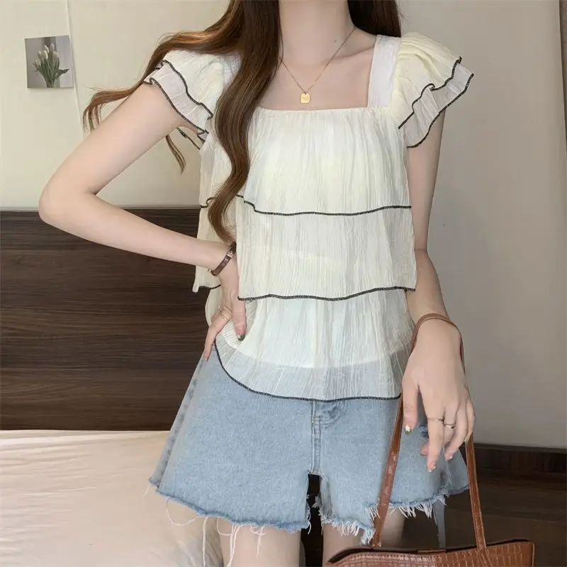 Women Trendy Ruffle Sweet Chic Blouse Summer Square Collar Short Sleeve Shirts Korean Style Casual Street Tops Y2K Ropa De Mujer