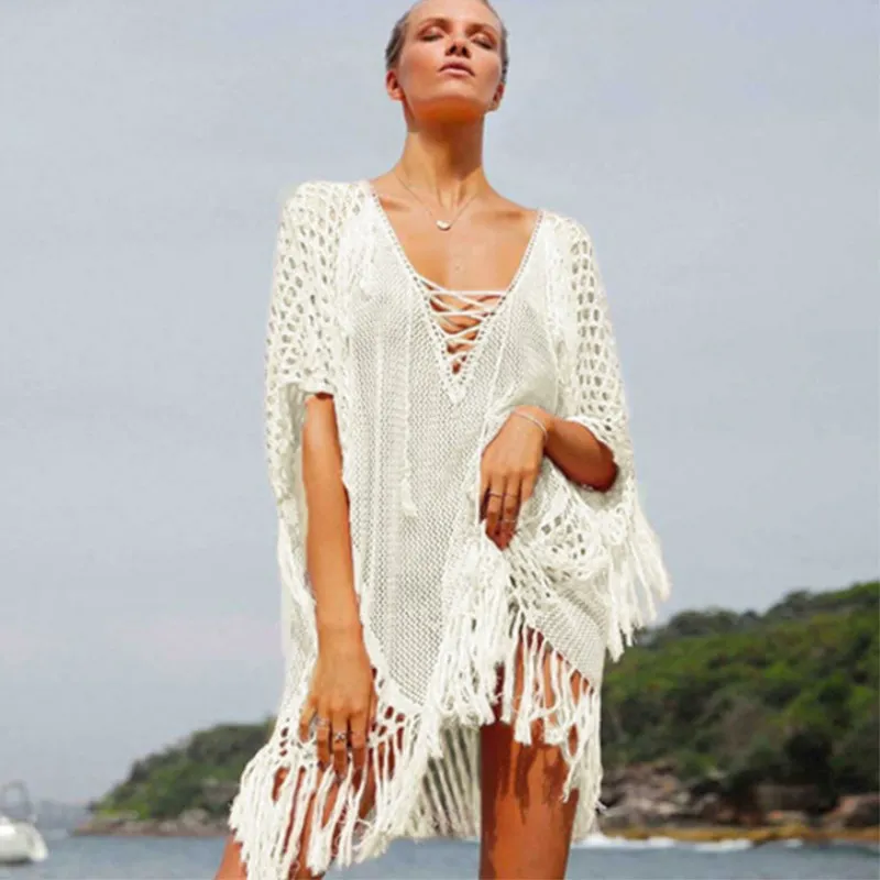 Sand Beach Wear Beach Coat Hollowed-out Knitted Fringed Blouse Lady Holiday Bikini Tassels Swimsuit Seaside Sunscreen Women