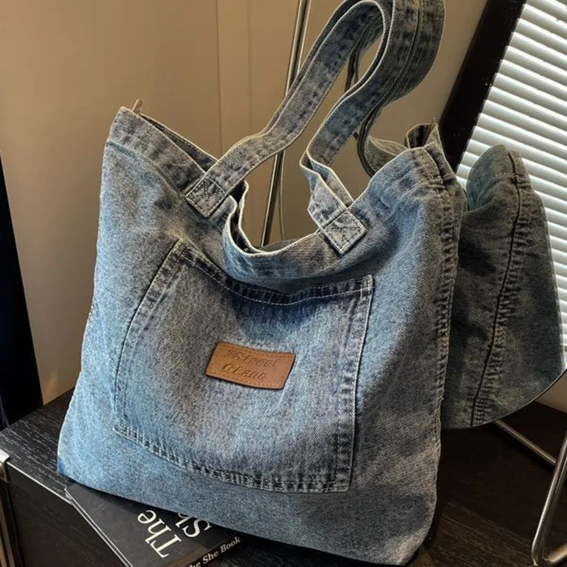 

Vintage Denim Shoulder Bags Soft Portable Lady Chic Tote Bags Casual Women's Denim Bag Crossbody Bag Large Capacity Shopper Bag