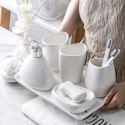 Nordic Bathroom Wash Accessory White Ceramic Soap Dispenser Bottle Mouthwash Cup Soap Dish Toothbrush Cup