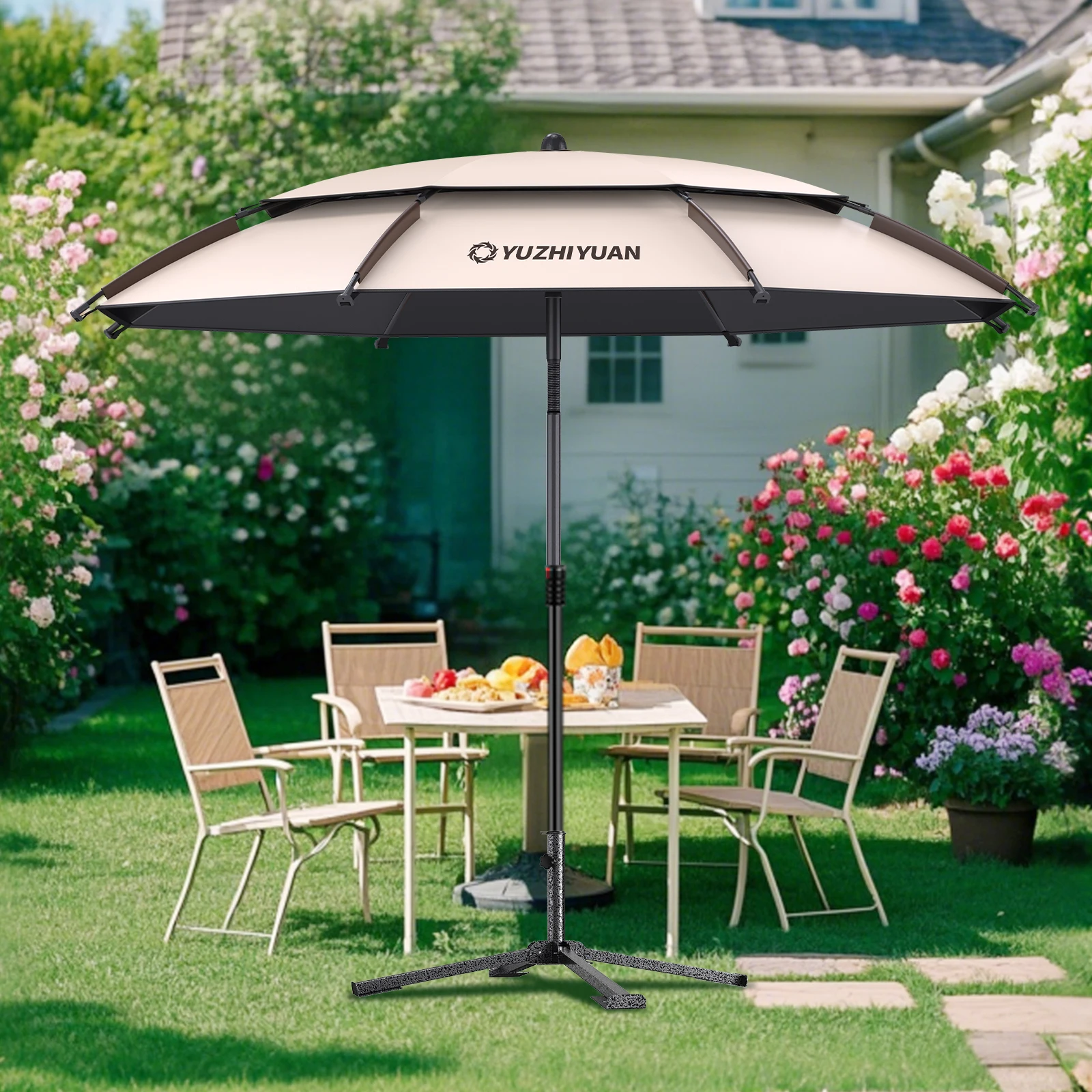 Extra Großer Doppeldach-Strandschirm mit 360°-Schutz ° Neigbarer UV-Schutz Belüfteter Outdoor-Terrassensonnenschutz – Detail 1