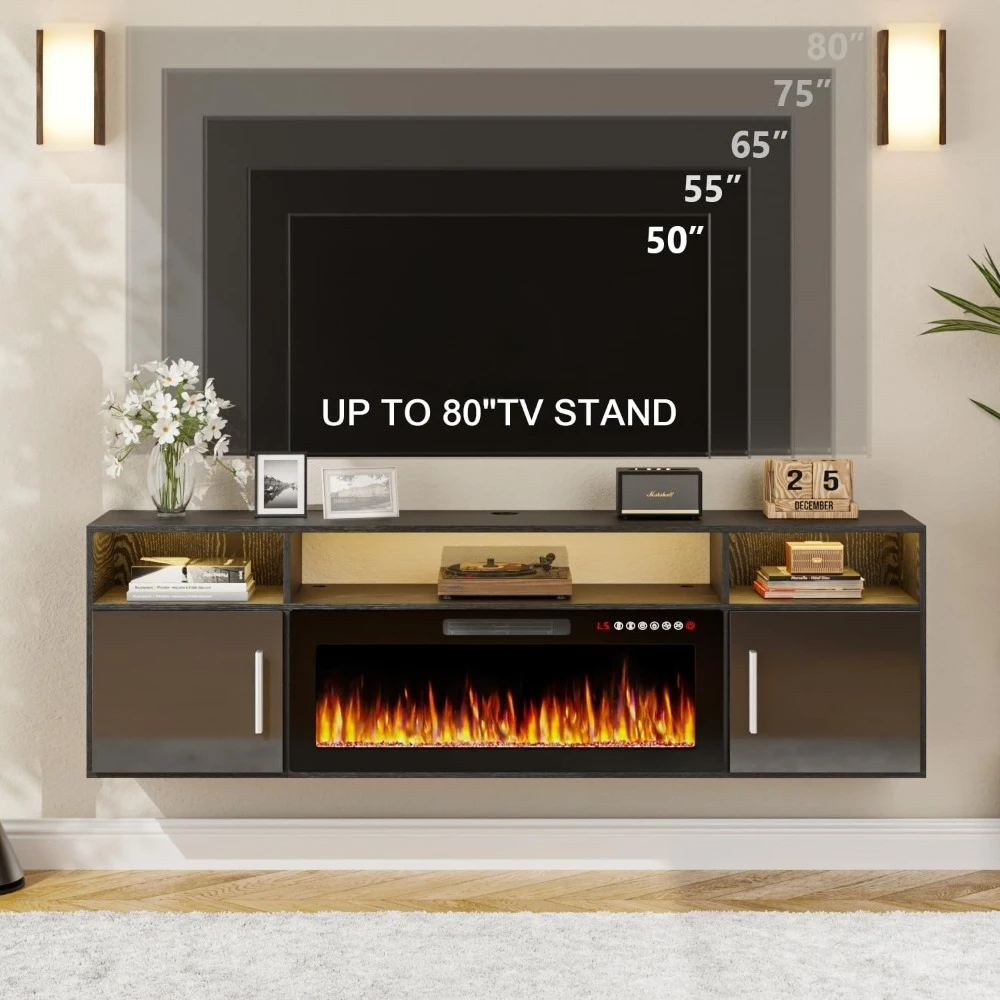 Soporte flotante para TV de 70" con chimenea eléctrica de 36", centro de entretenimiento montado en la pared con luces LED y gabinete de almacenamiento, gran oferta