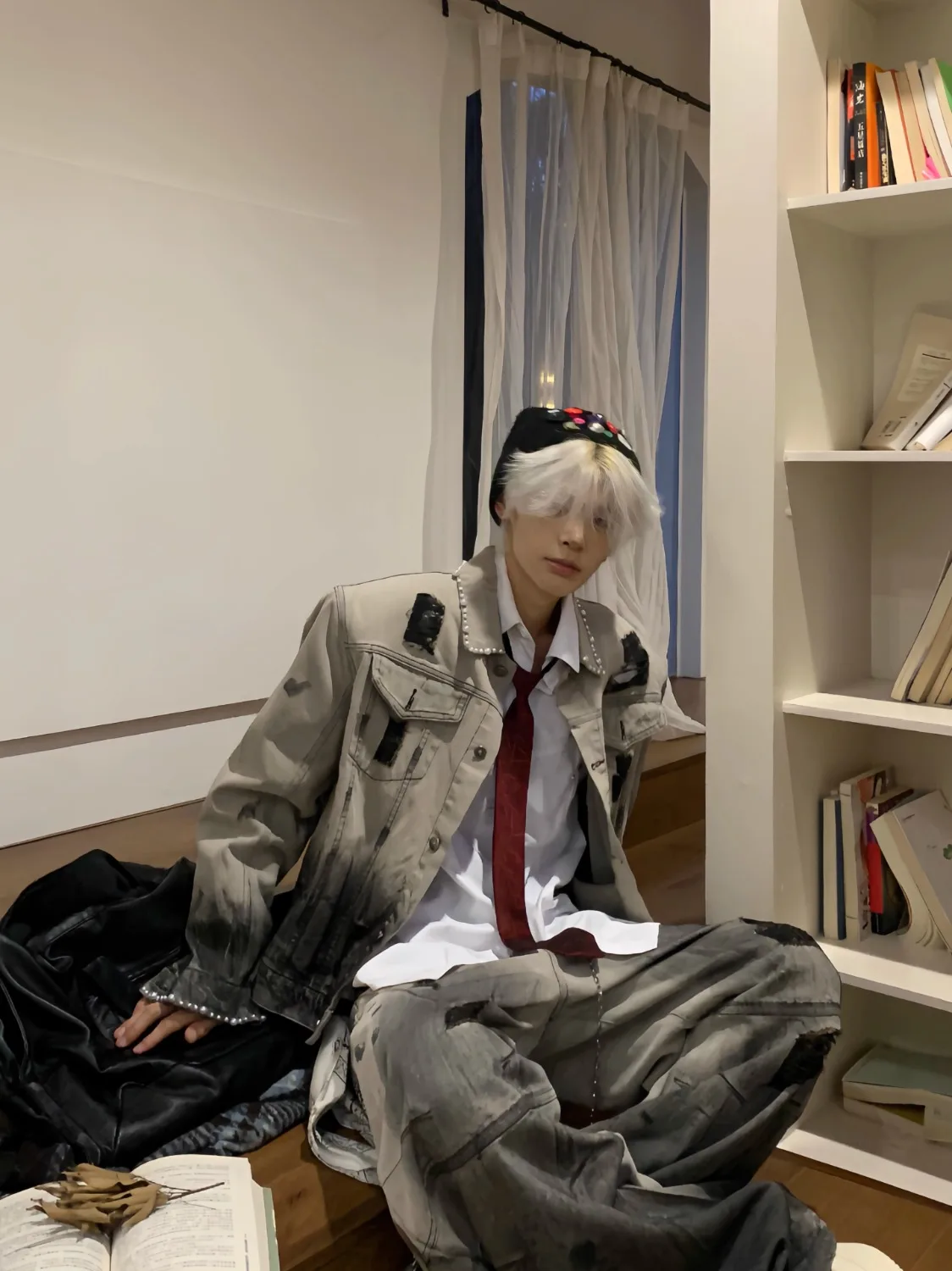 

Мужская джинсовая куртка с жемчужным принтом и принтом тай-дай, тяжелый комплект со свободными отверстиями, повседневное пальто, длинные джинсы с застежкой на пуговицы све...