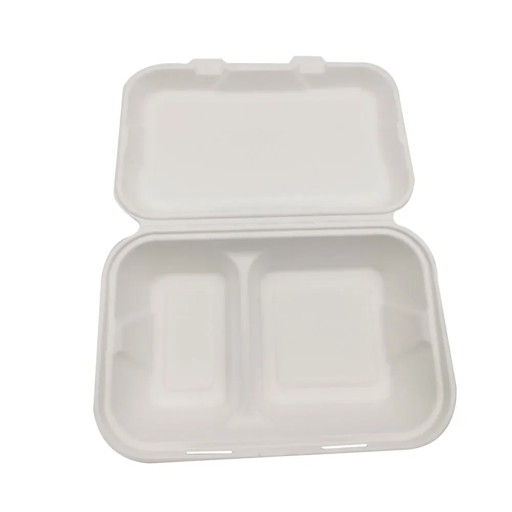 Biodegradável cana-de-açúcar bagasse clamshell 9*6 polegadas 2 compartimentos 100% compostatável lancheira para levar 100 peças