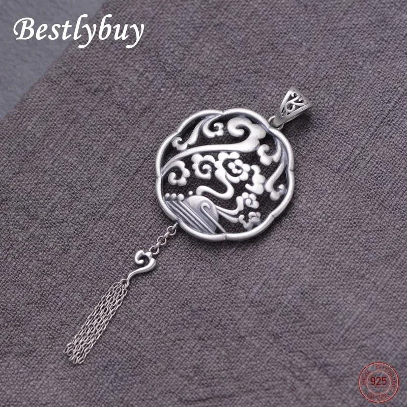 

New 925 sterling silver vintage artistic fashion hollowed out auspicious cloud tassel necklace pendant for women