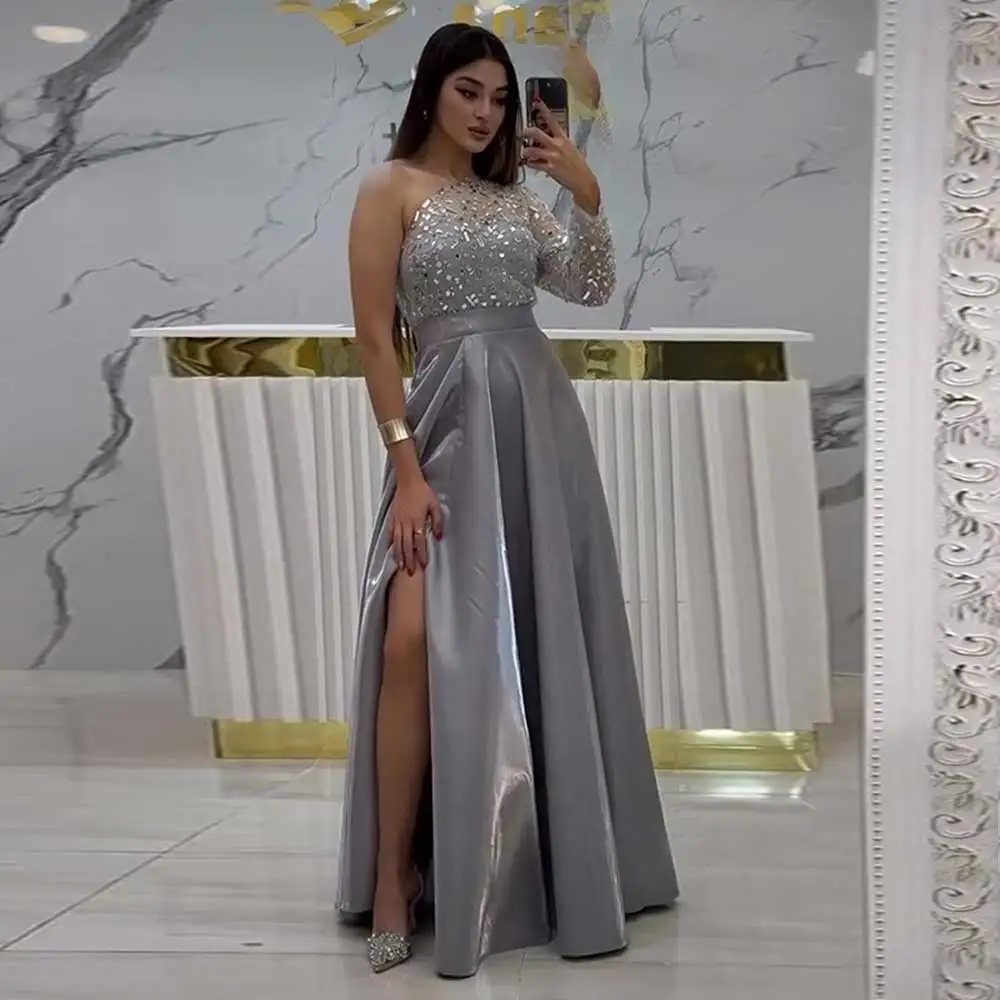 

Satin Patchwork Party Dress Single Shoulder Sequin Pleated Saudi Arabian Women's Elegant Floor Length Prom Evening Gown