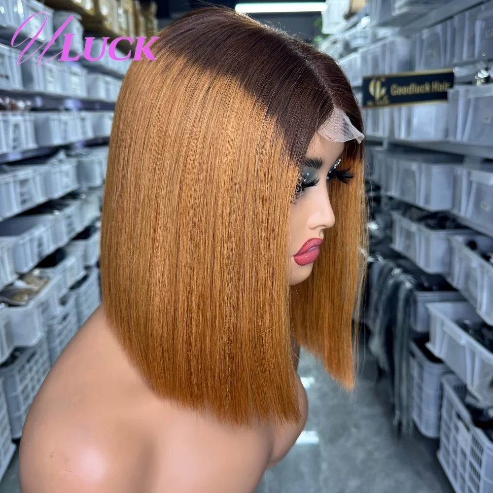 Uluck Doppio Disegnato Breve Parrucca Diritta Bob Ombre Parrucche Dei Capelli Umani di Colore Marrone 300% Densità 2x6 Parrucche Frontali Del Merletto Per Le Donne Nere