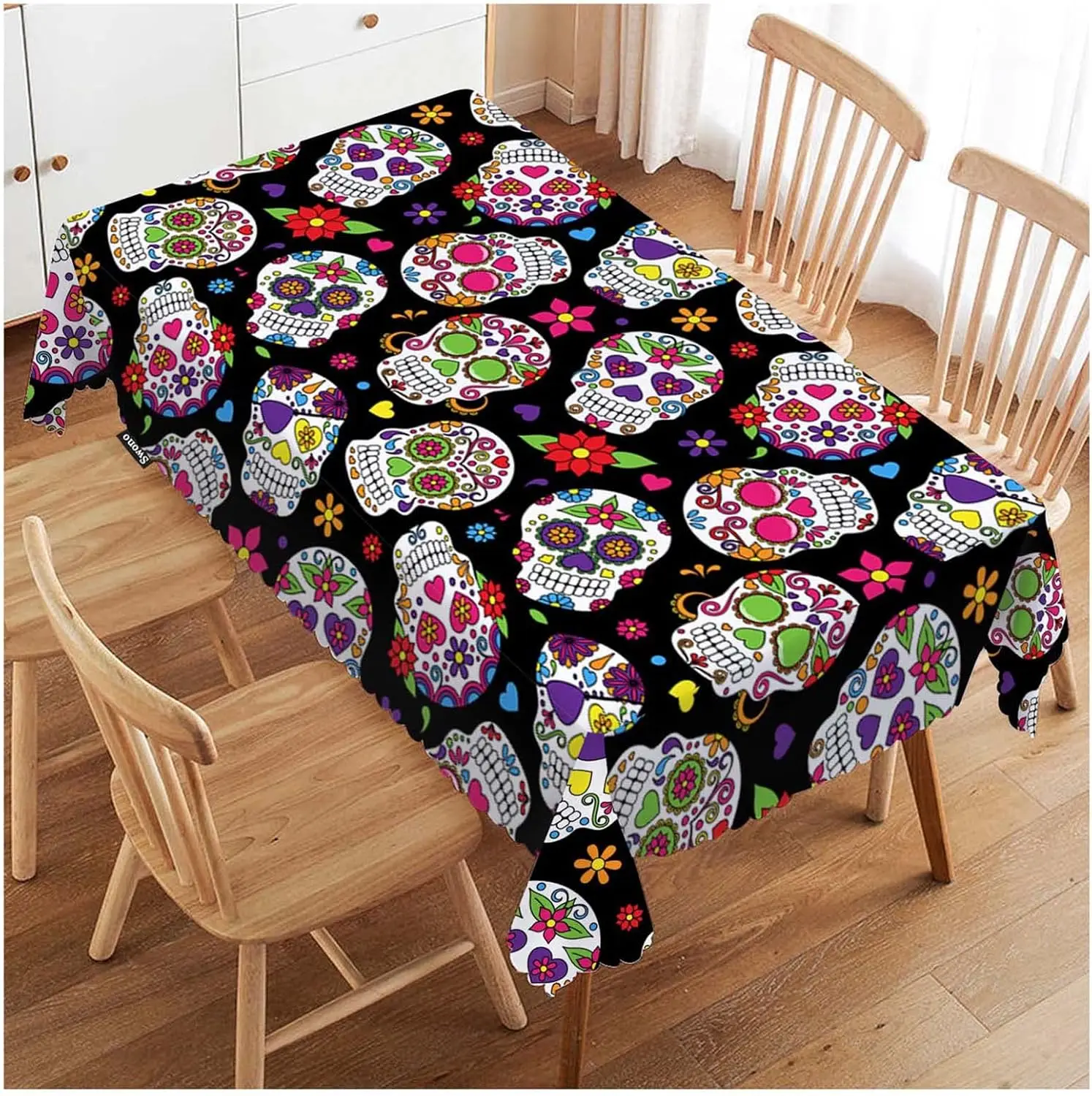 Mexican Day of The Dead Colorful Sugar Skulls Rectangle Tablecloth Room Decor Waterproof Tablecloth for Table Party Supplies