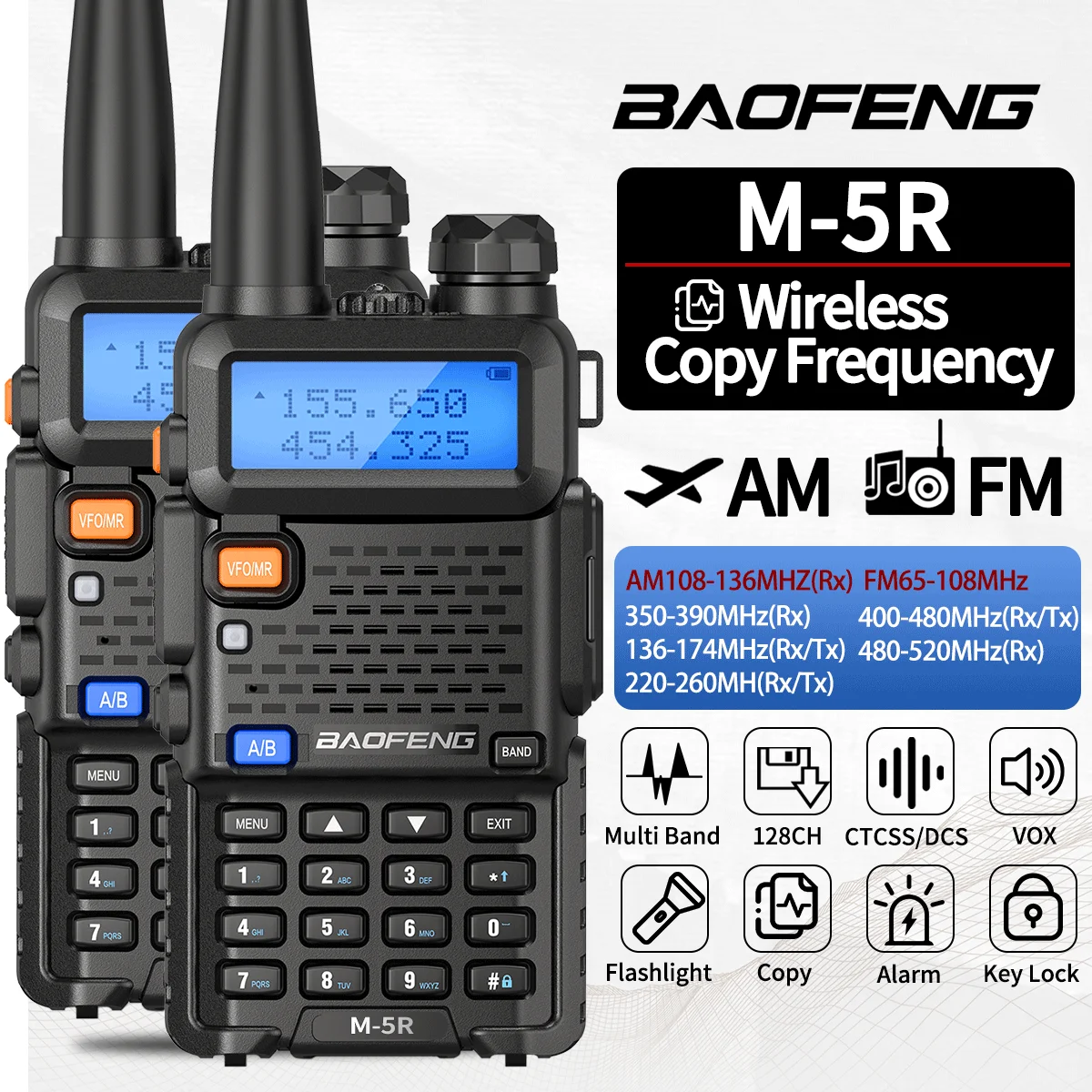 Baofeng-M-5R Walkie Talkie, Bandas completas, Frequência de cópia sem fio, rádio bidirecional, carregador USB, radioamadorismo de longo alcance para