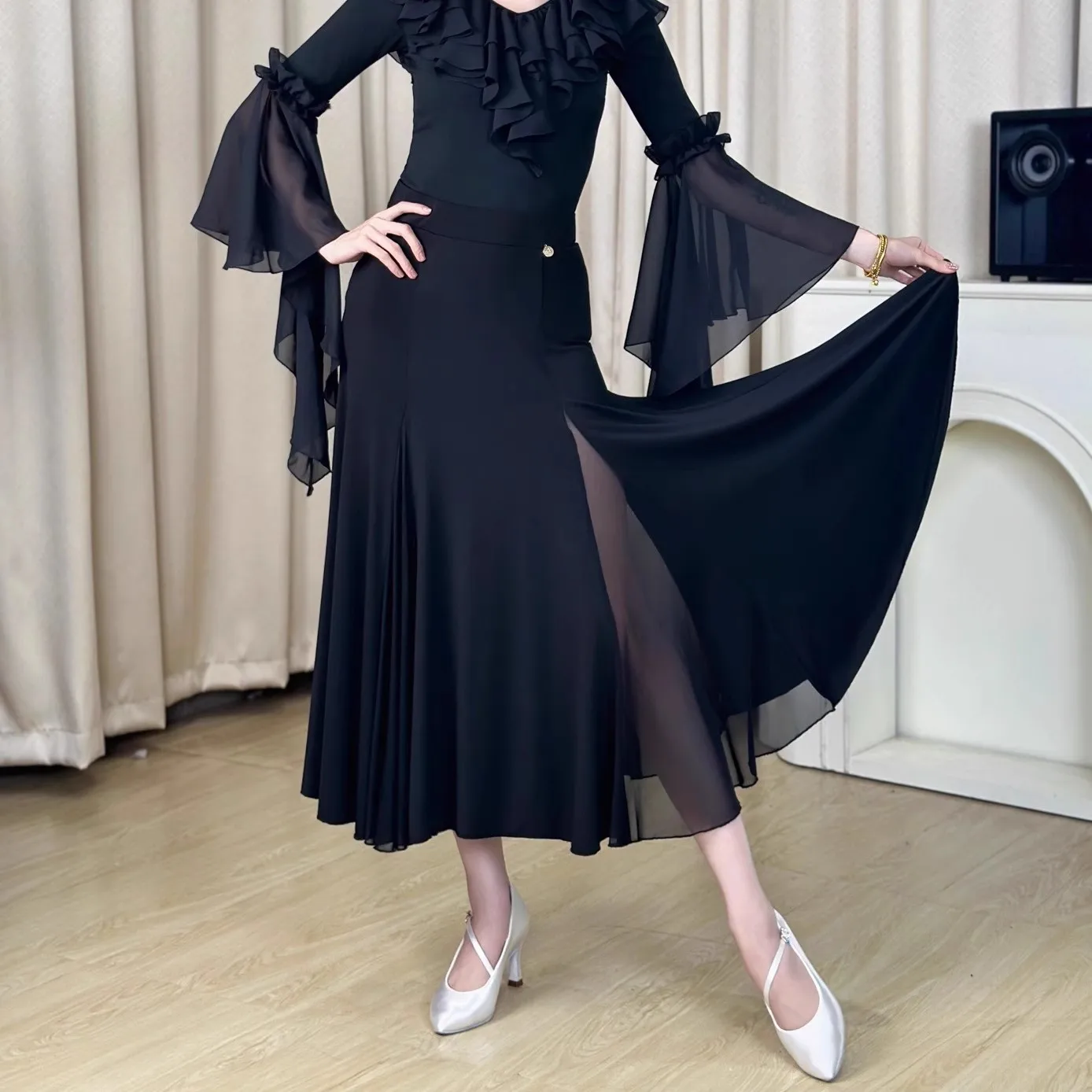 Moderne Dans Fluwelen Rok Voor Vrouwen Volwassen Nationale Standaard Dans Mesh Halve Rok Chacha Ballroom Dansvoorstelling Slijtage DN21960