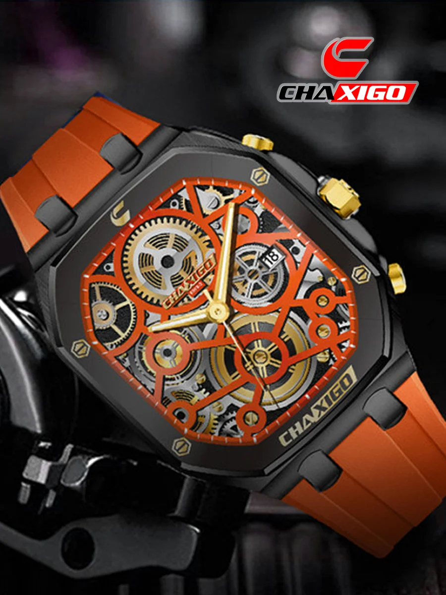 CHAXIGO メンズ スタイリッシュ スポーティ シリコン製腕時計ストラップ、夜光表示、30メートル防水、ダイナミックデザイン クォーツ腕時計