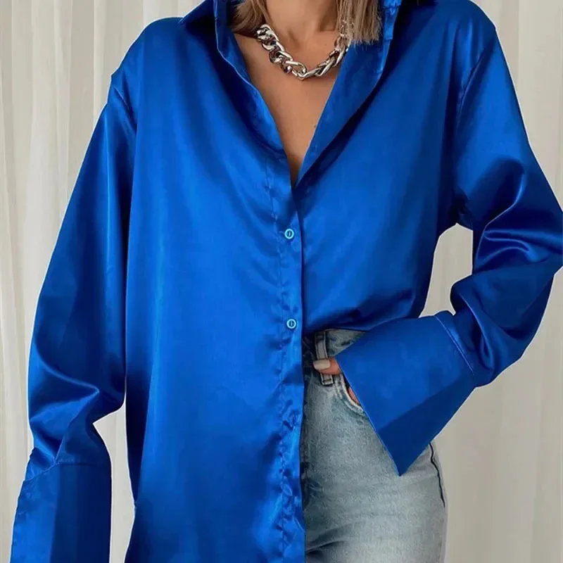 New Fashion Satin Women\'s Shirts 2024 Spring Long Sleeve Blouses Vintage Casual Loose Buttons Up Clothes Office Lady Tops