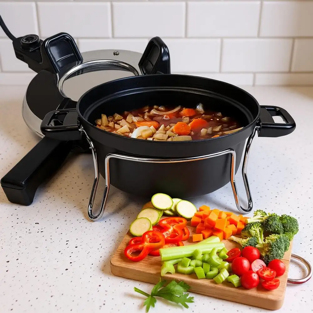 

Электрическая печь с регулируемыми режимами приготовления, эффективным нагревом, антипригарным покрытием, портативным дизайном и термостойкими подставками