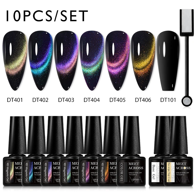 MEET ACROSS 7ml 9D Magnetic Gel Nail Polish Set Glitter Double Rainbow Magnetic Nail Art Gel Polish Kit for Manicure DIY Vernis