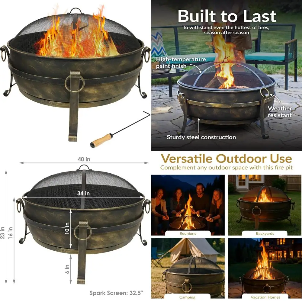 

Large 34-Inch Outdoor Wood-Burning Fire Pit Bowl with Spark Screen, Log Poker, and Grate