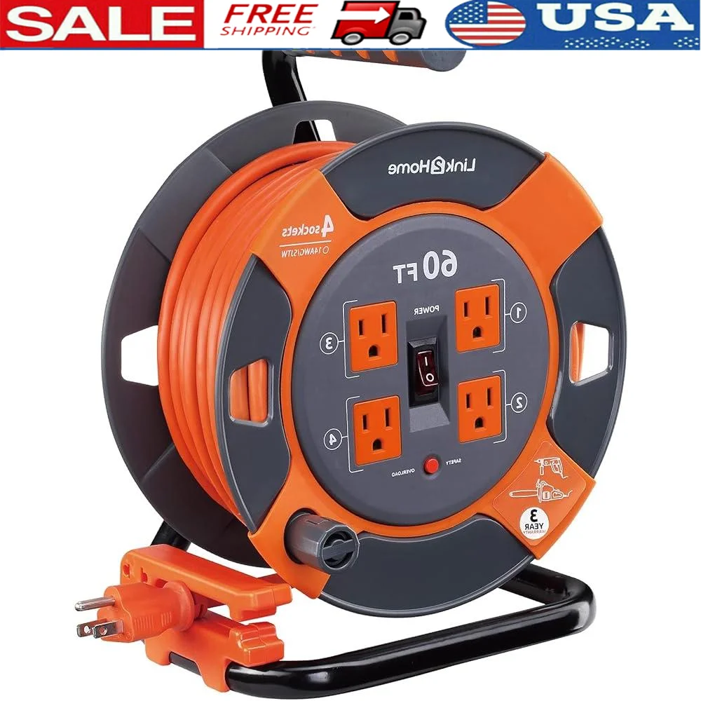 

60ft Extension Cord Reel 4 Outlets Heavy Duty 14AWG SJTW Cable Circuit Breaker Power Management Tangle Free Indoor Outdoor Use
